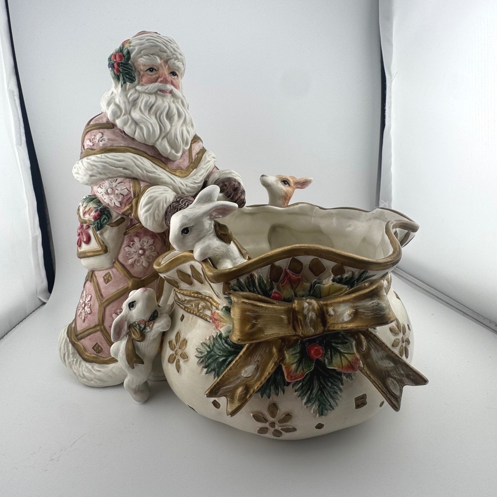 Fitz and Floyd Snowy Woods Bowl Santa Candy Centerpiece Christmas READ
